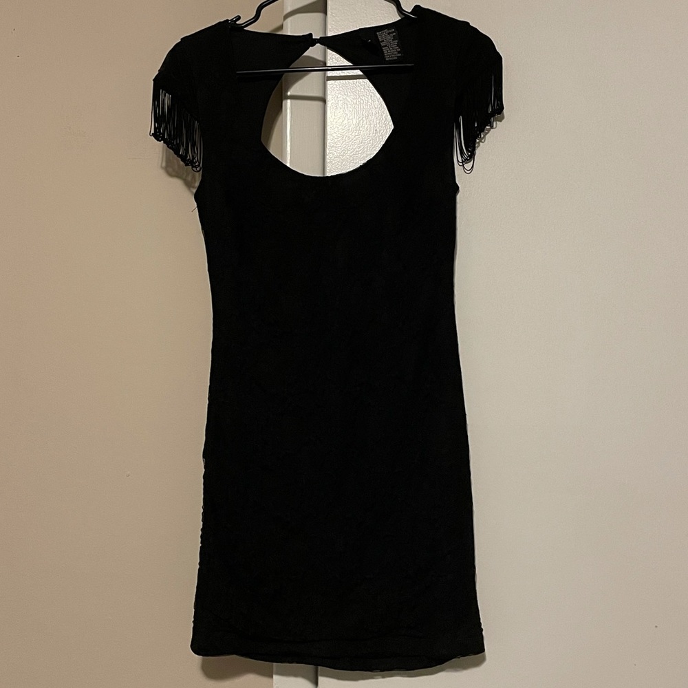 Black lace zip up fringe sleeve dress
